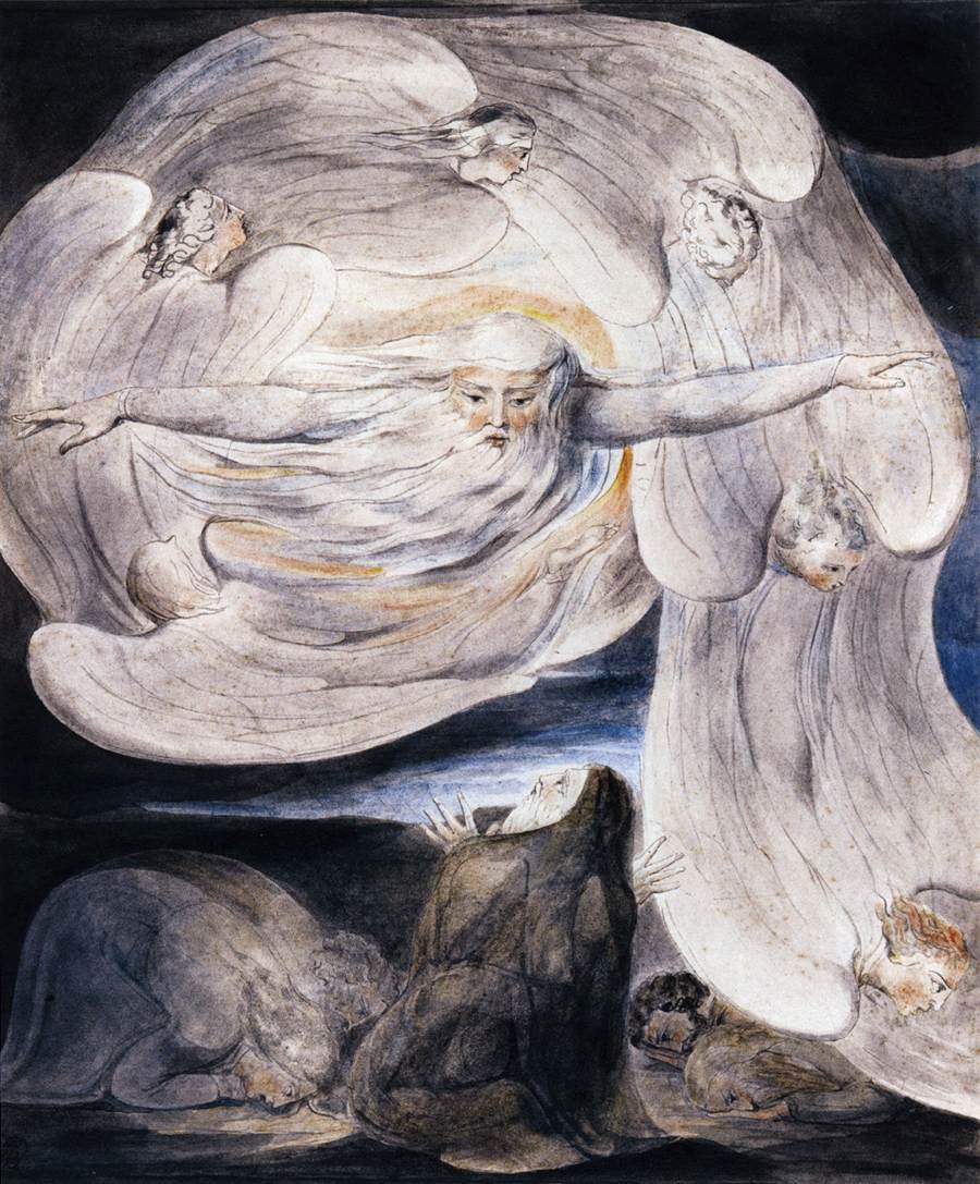 Job bekjenner sin formodning for Gud som svarer fra virvelvinden av William Blake