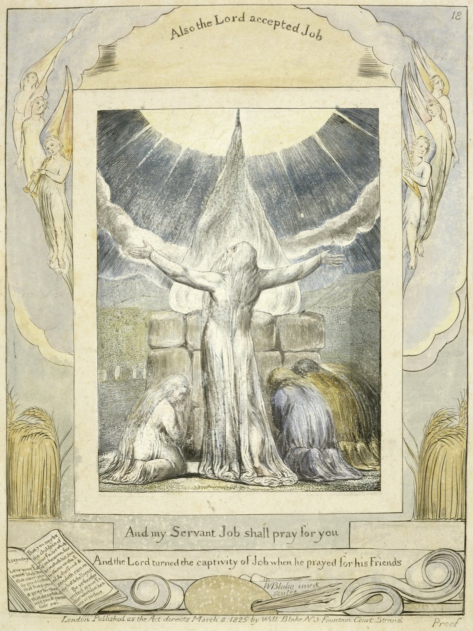 Job Praying (pl.18) fra Jobs bok, ca. 1793 (håndfarget linjegravering) av William Blake