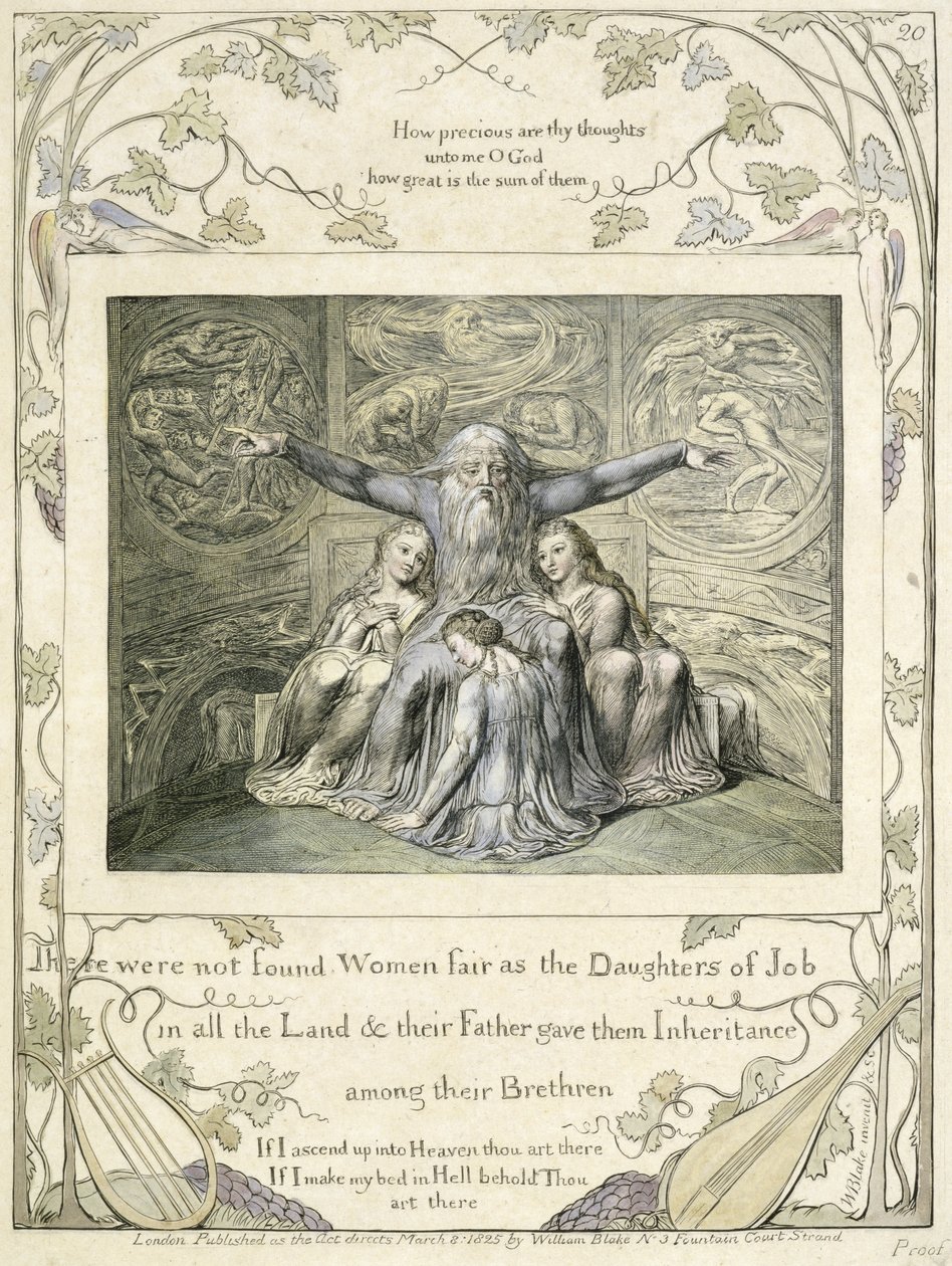 Job og hans døtre (pl.20) fra Jobs bok, ca. 1793 (håndfarget linjegravering) av William Blake