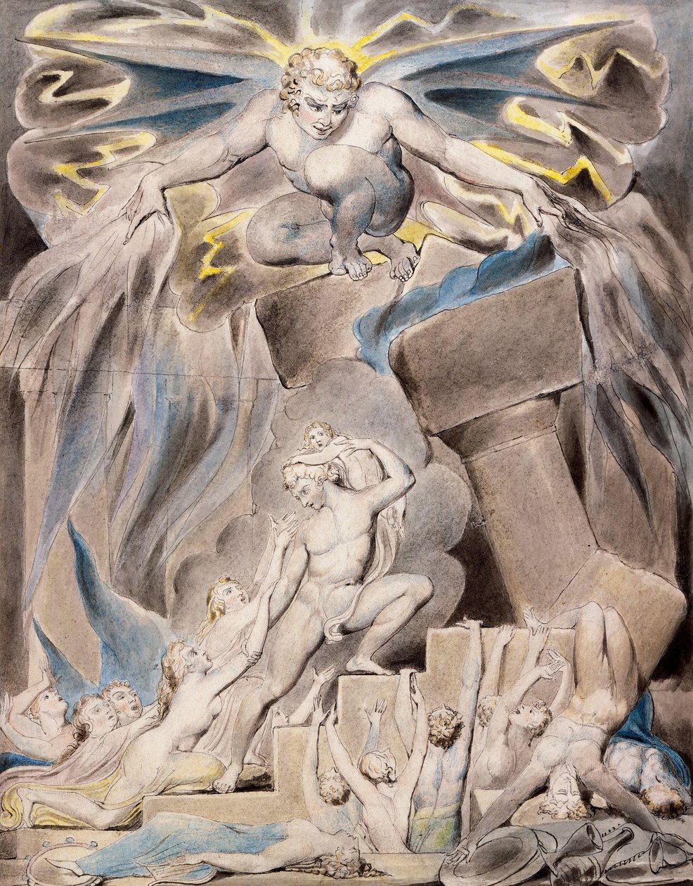 Jobs sønner og døtre overveldet av Satan av William Blake