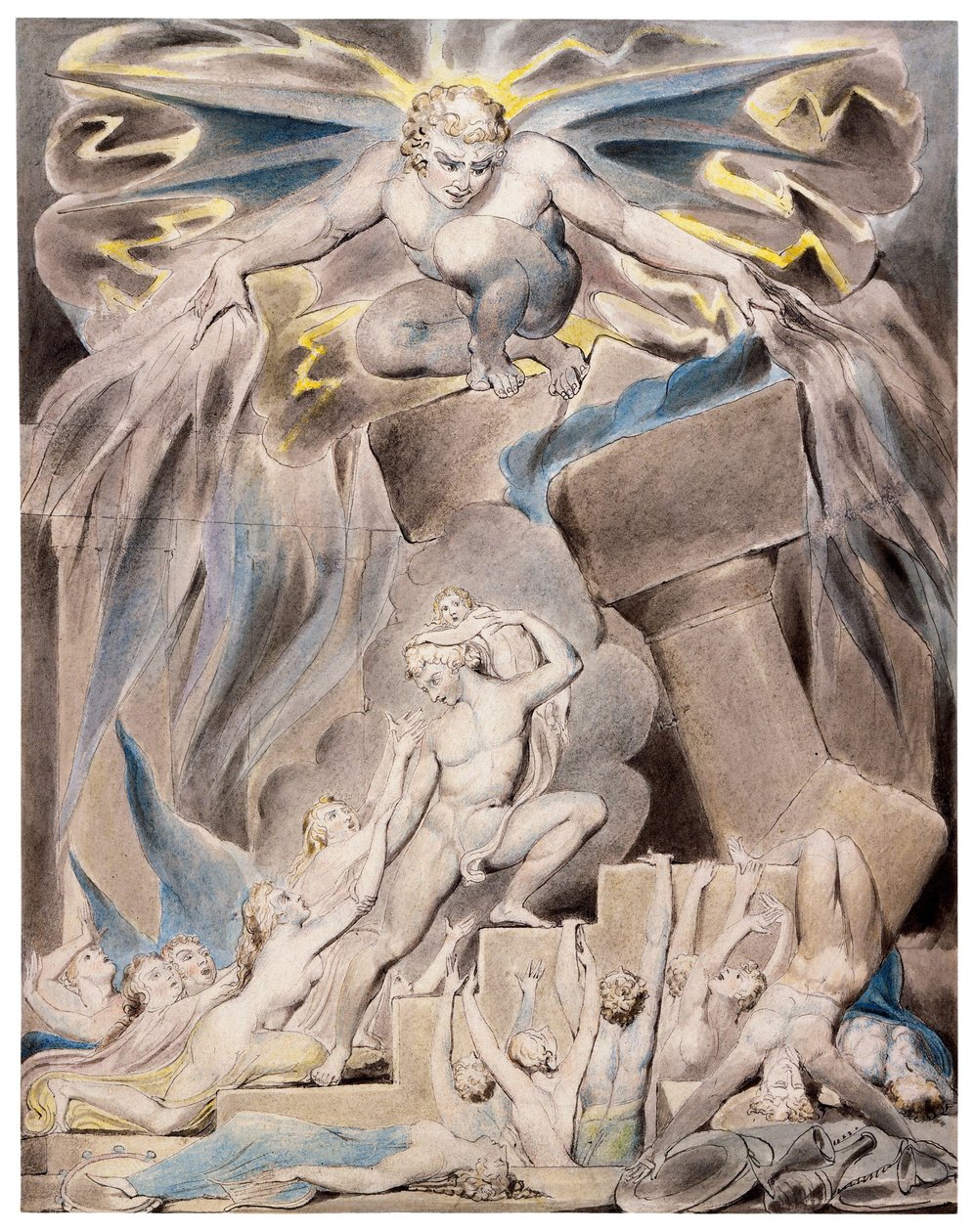 Jobs sønner og døtre overveldet av Satan av William Blake