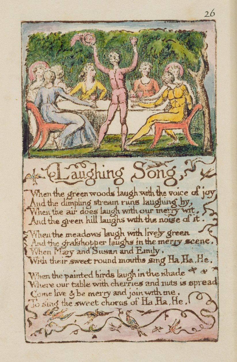 'Laughing Song', plate 26 fra 'Songs of Innocence and of Experience' [Bentley 15] ca. 1789-94 (relieff-etsing trykt i mørkebrunt med penn og blekk og wc) av William Blake