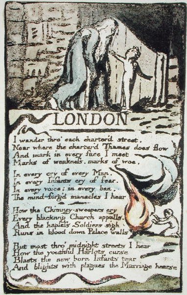 London, plate 51 (Bentley 46) fra Songs of Innocence and of Experience (Bentley Copy L) 1789-94 (hevet etsning med penn og wc) av William Blake