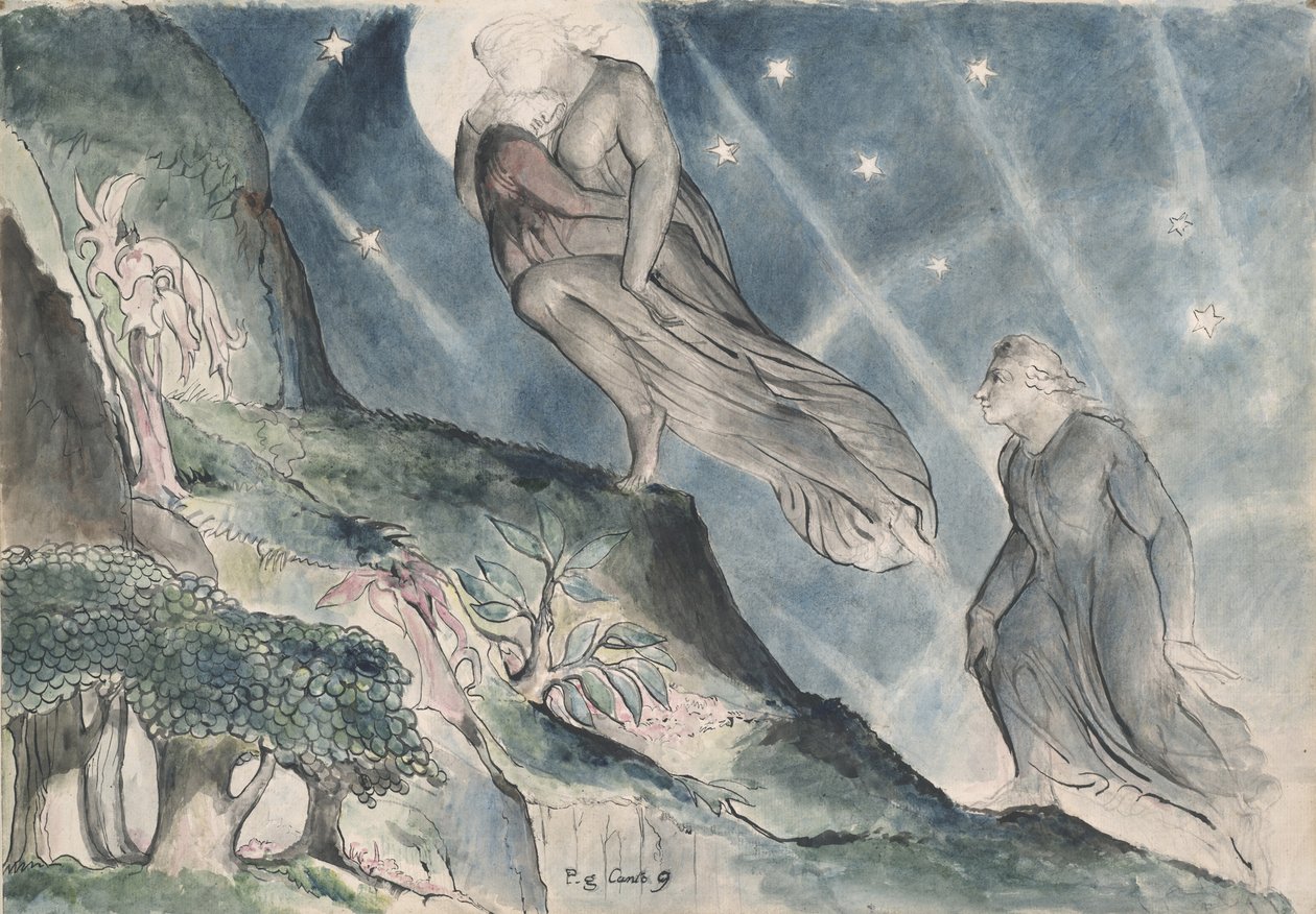 Lucia bærer Dante i søvne, illustrasjon til den guddommelige komedie av Dante Alighieri, 1824-27 (penn og blekk med wc over blyant og kritt på papir) av William Blake