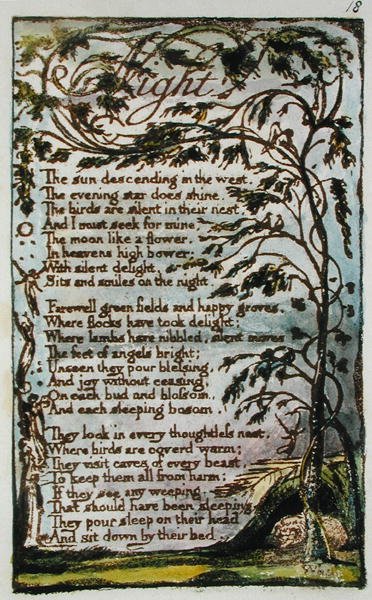 Natt, illustrasjon fra Songs of Innocence and of Experience (Bentley Copy L) pl.18 (Bentley 20) 1789-94 (relieff-etsing med penn og wc på papir) av William Blake
