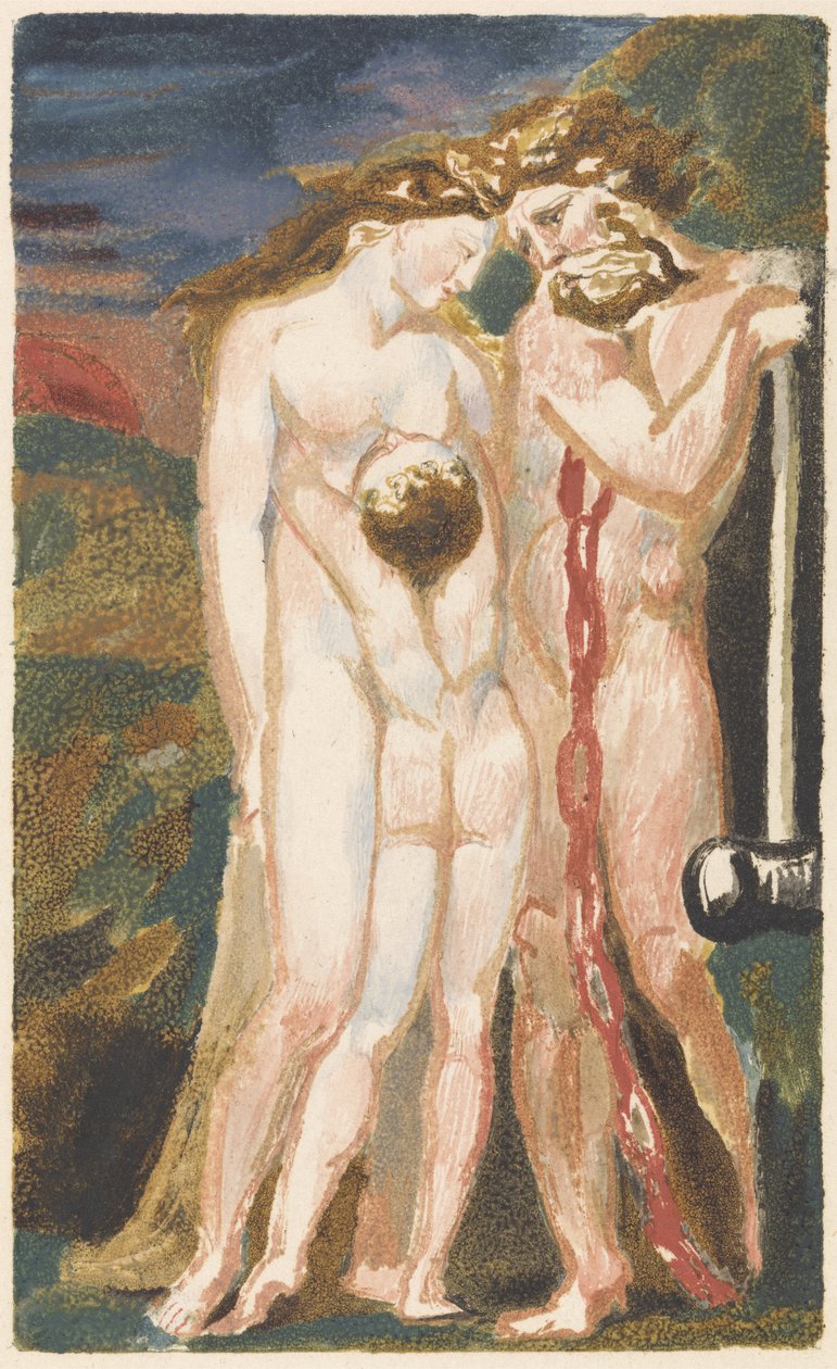 Naken kvinne ser ned på en gutt og til høyre, en skjeggete mann lener seg på en hammer, plate 18 fra The First Book of Urizen, 1794 (fargetrykt relieff etsing med blekk og wc på papir) av William Blake