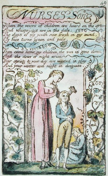 Nurses Song, plate 49 (Bentley 38) fra Songs of Innocence and of Experience (Bentley Copy L) 1789-94 (hevet etsning med penn og wc) av William Blake