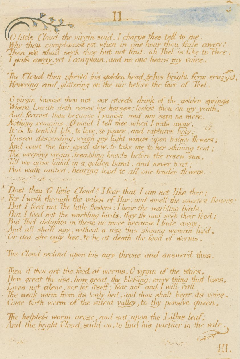 O little Cloud..., plate 5 fra The Book of Thel, 1789 (relieff-etsing trykt i brunt med wc) av William Blake