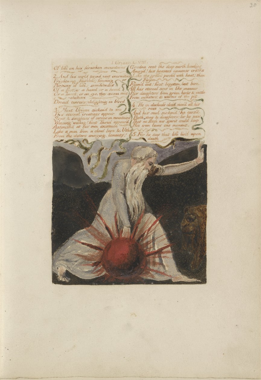Of life forsaken mountains..., plate 24 fra The First Book of Urizen, 1794 (fargetrykt relieff etsing med blekk og wc på papir) av William Blake
