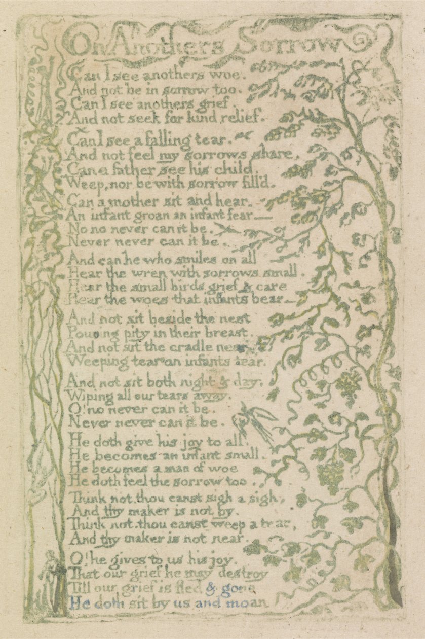 On Anothers Sorrow, plate 7 fra Songs of Innocence, 1789 (håndfarget relieff etsing med akvarell) av William Blake