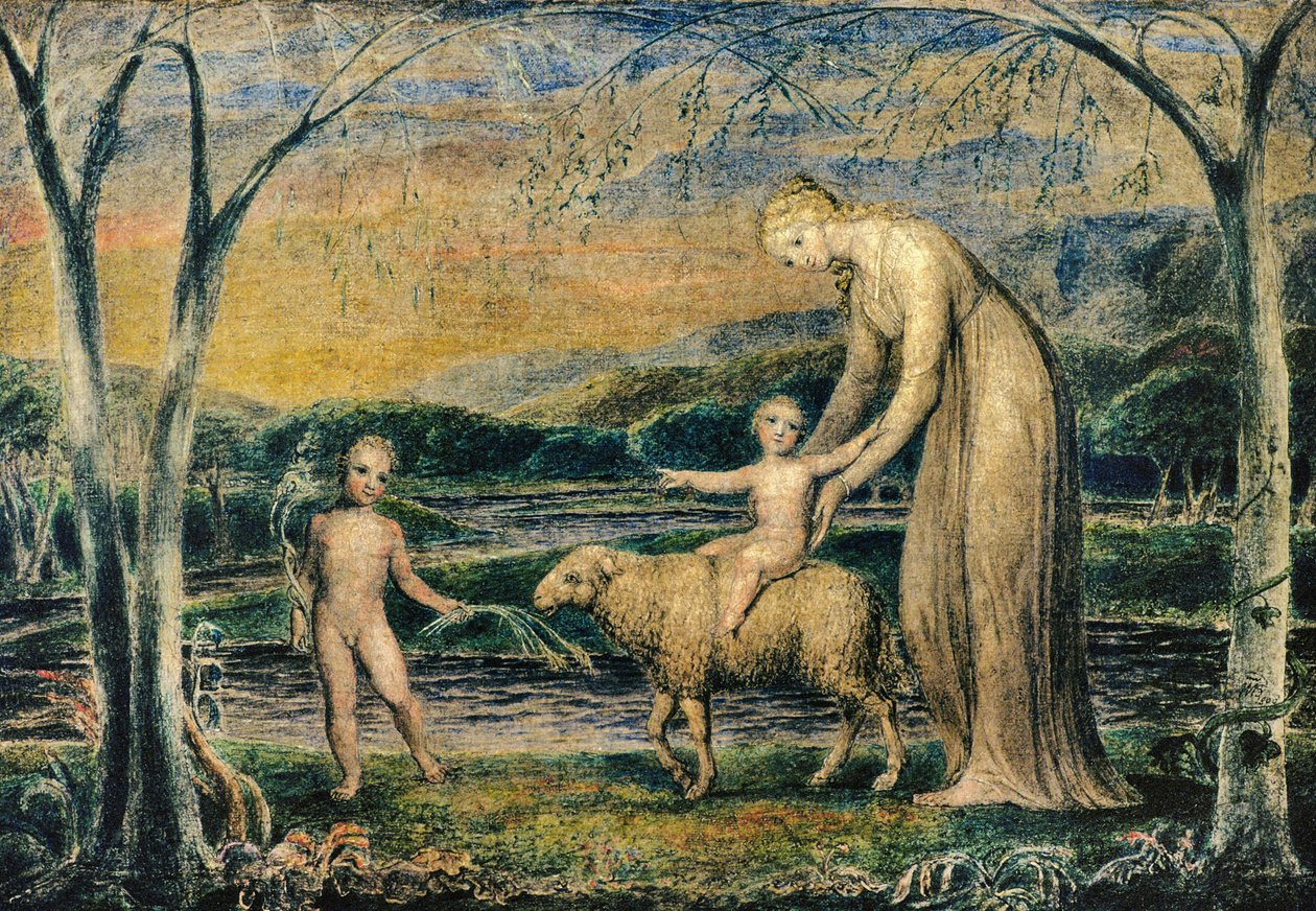 Vår Frue med Jesusbarnet rir på et lam med Johannes, 1800 (tempera) av William Blake