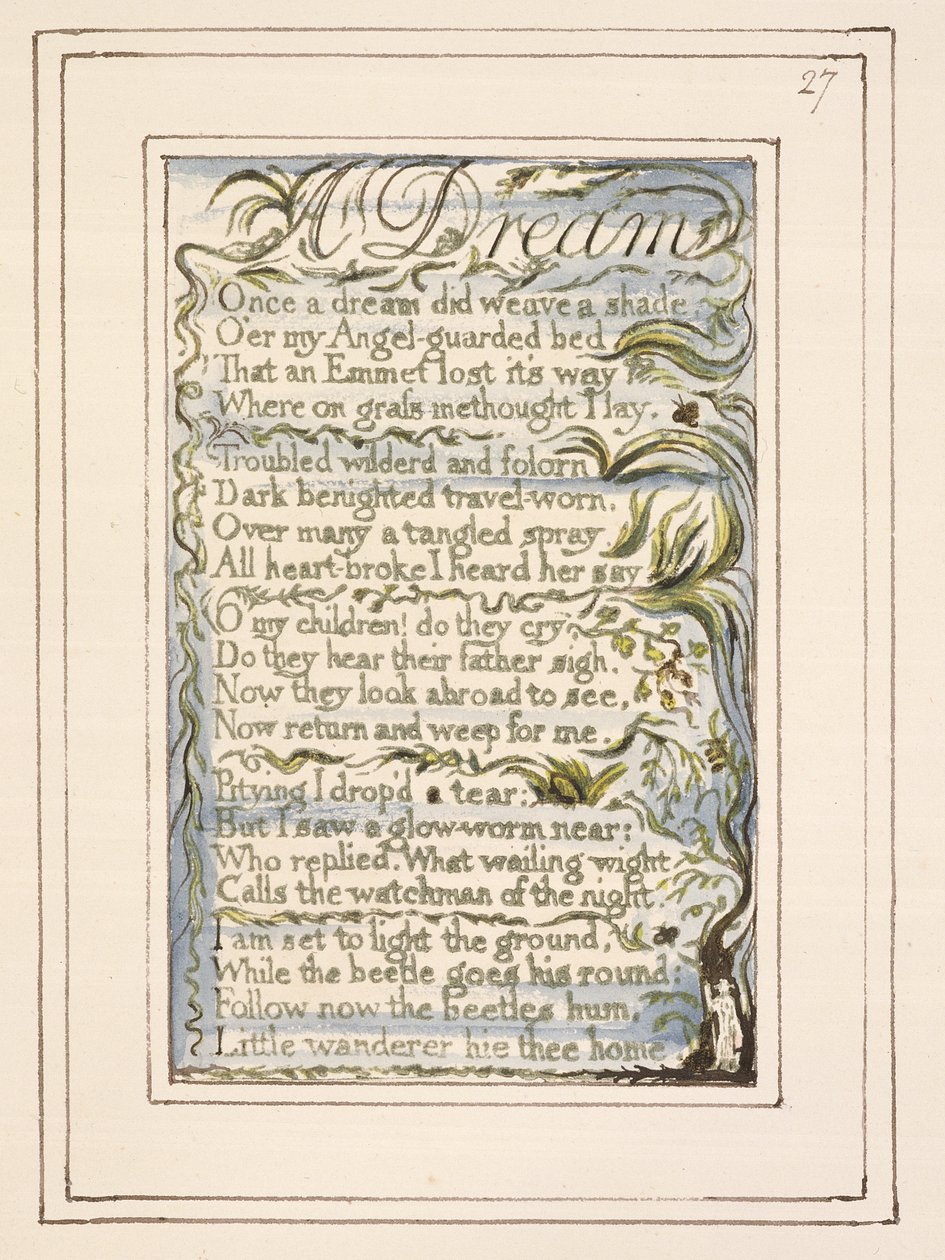 P.124-1950.pt27 A Dream: plate 27 fra Songs of Innocence and of Experience (kopi R) c.1802-08 (etsing, blekk og wc) av William Blake