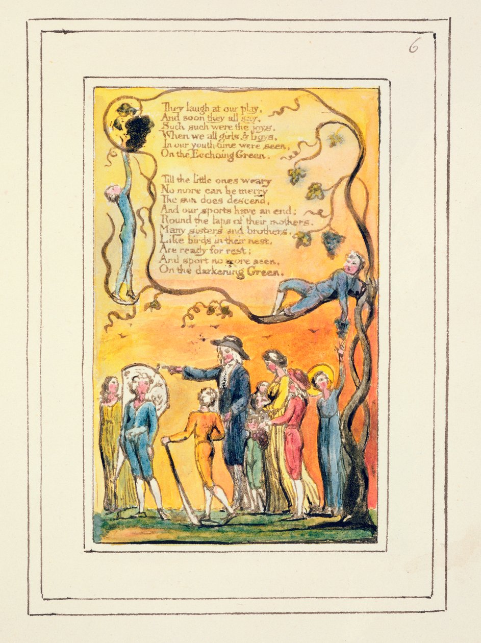 S.124-1950.pt6 The Echoing Green (forts.): plate 6 fra Songs of Innocence and of Experience (kopi R) c.1802-08 (etsing, blekk og wc) av William Blake