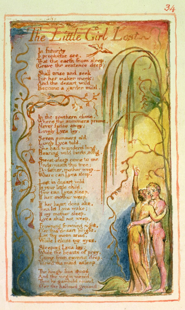 S.125-1950.pt34 The Little Girl Lost: plate 34 fra Songs of Innocence and of Experience (kopi AA) c.1815-26 (etsing, blekk og wc) av William Blake