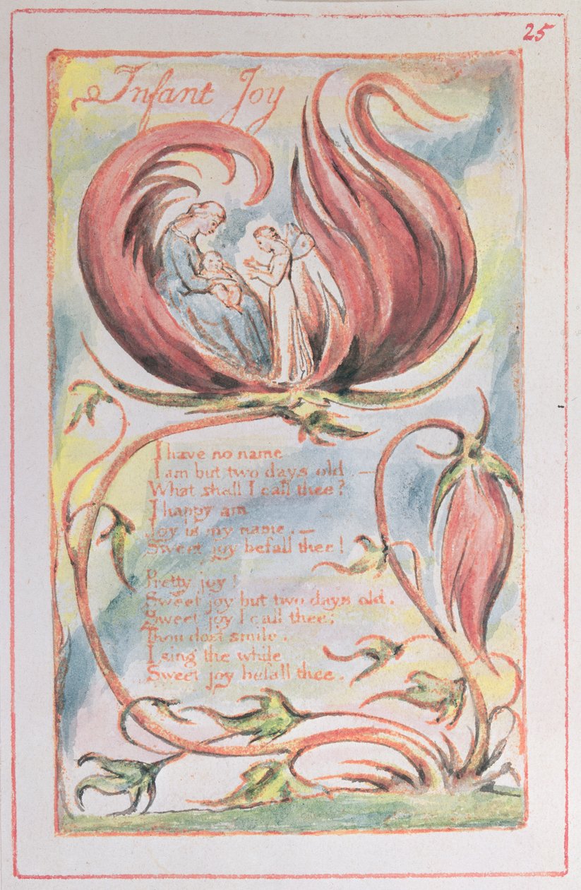 Uskyldens sanger; Infant Joy, 1789 (relieff-etsing tonet med wc) av William Blake