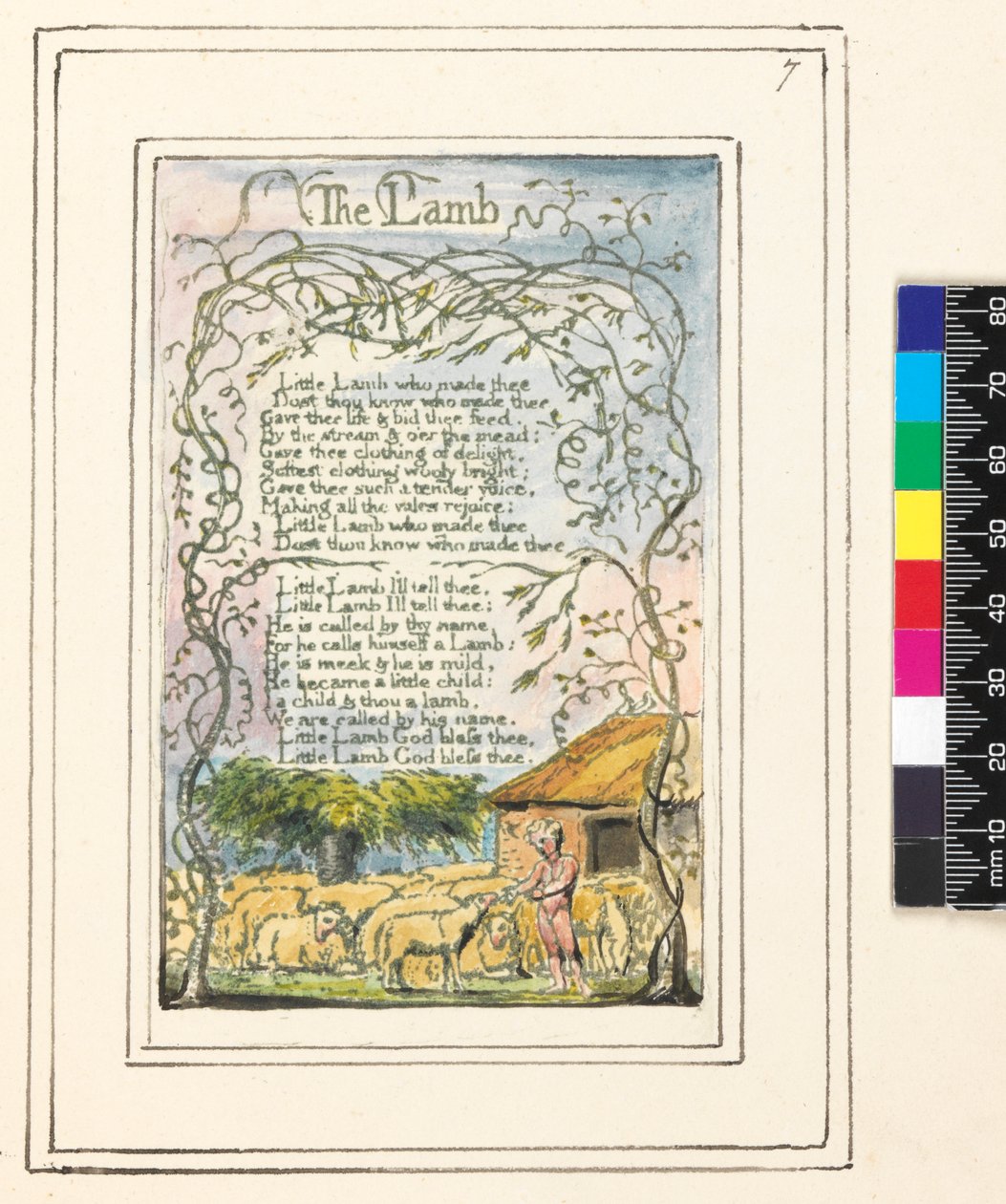 Songs of Innocence and of Experience Plate 7: the Lamb, ca. 1789-94 (relieff-etsing ferdig med penn og wc) av William Blake
