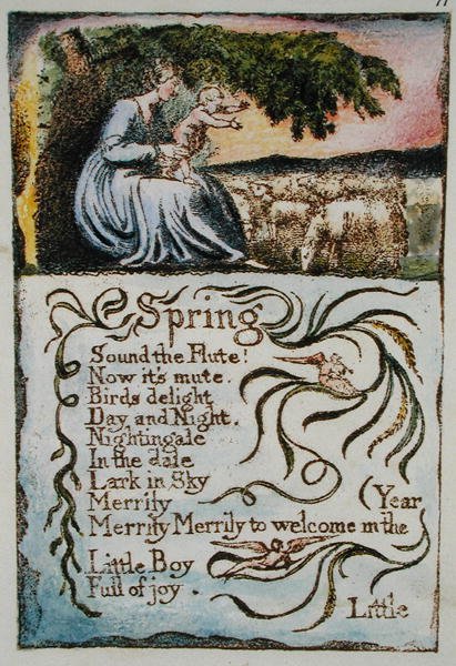 Spring, illustrasjon fra Songs of Innocence and of Experience, (Bentley Copy L) pl.11 (Bentley 22) 1789-04 (relieffetsing med penn og wc på papir) av William Blake