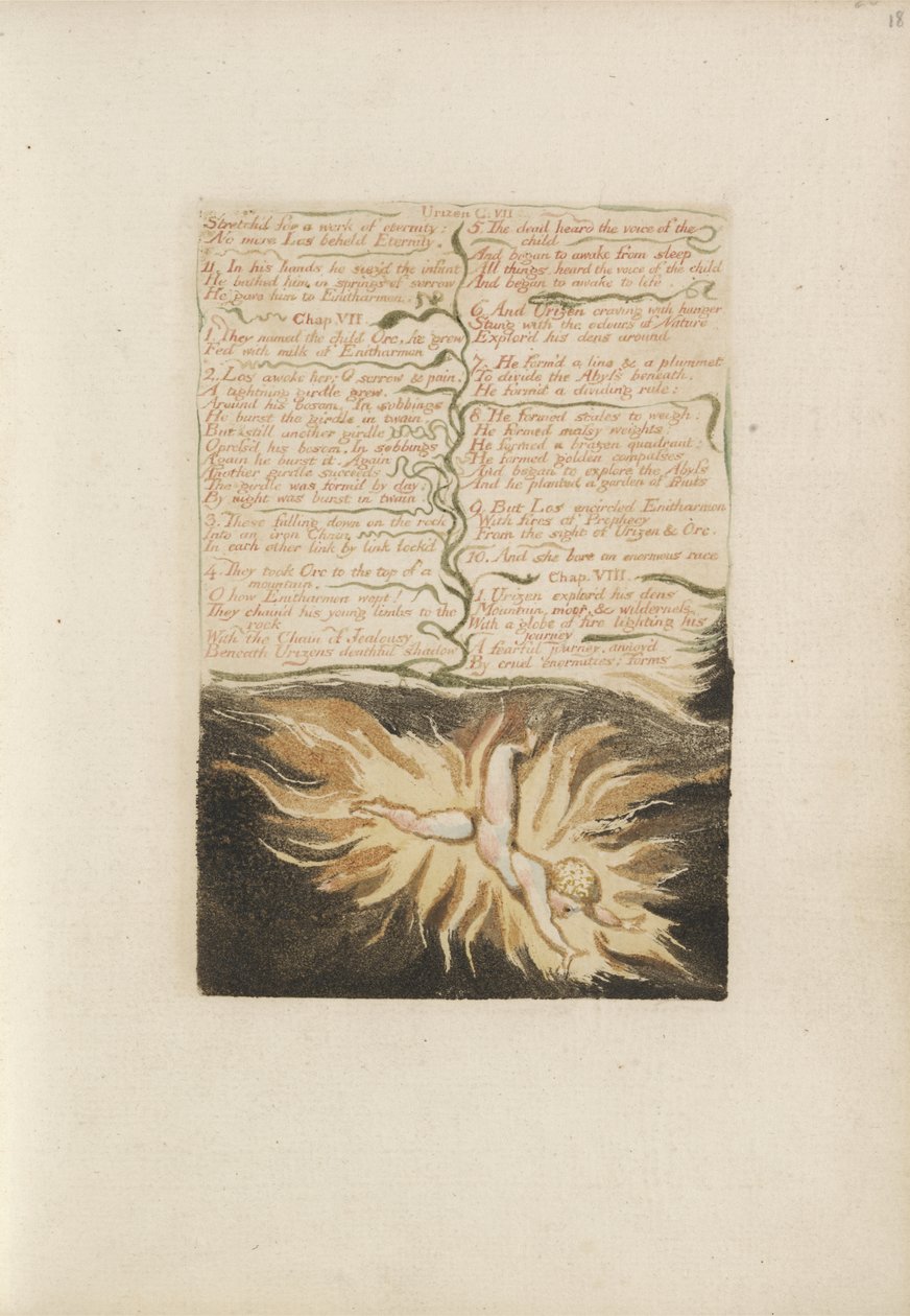 Stretchd for a work of eternity..., plate 22 fra The First Book of Urizen, 1794 (fargetrykt relieff etsing med blekk og wc på papir) av William Blake