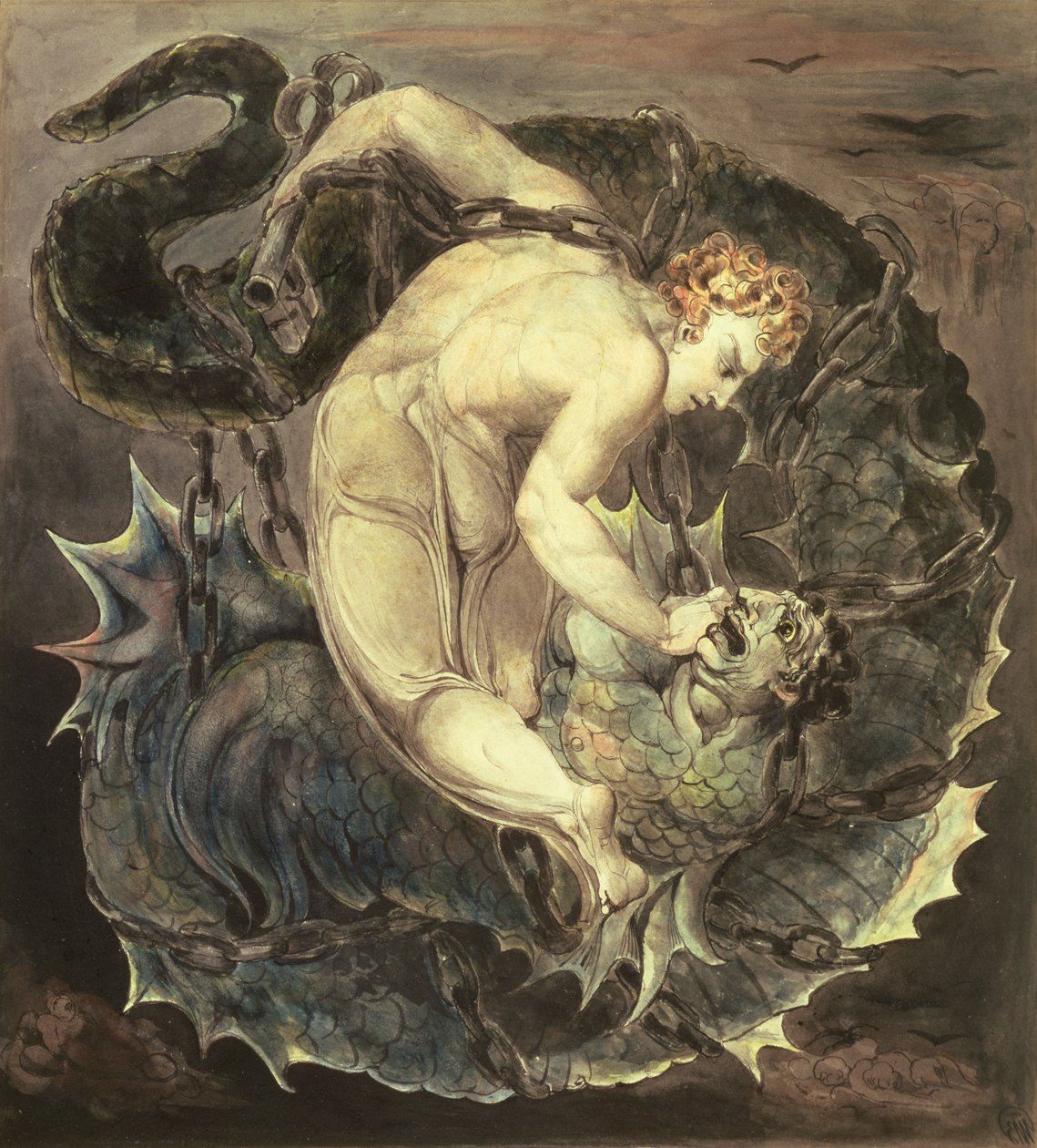 Engelen Michael Binding Satan (`Han kastet ham inn i den bunnløse gropen, og hold ham inne) ca. 1805 (wc, blekk og grafitt på papir) av William Blake