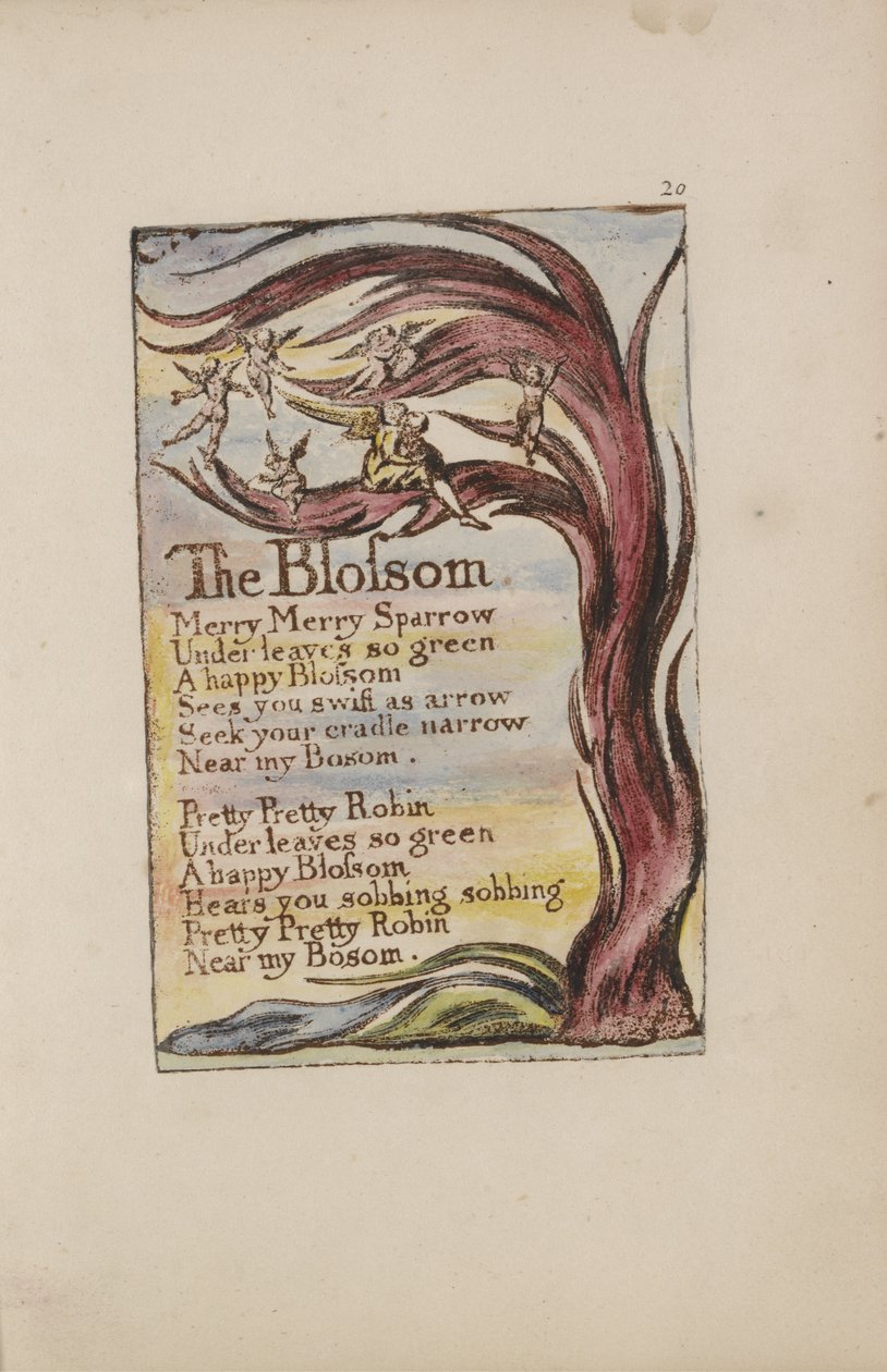 The Blossom, plate 28 fra Songs of Innocence, 1789 (håndfarget relieff etsing med wc på papir) av William Blake