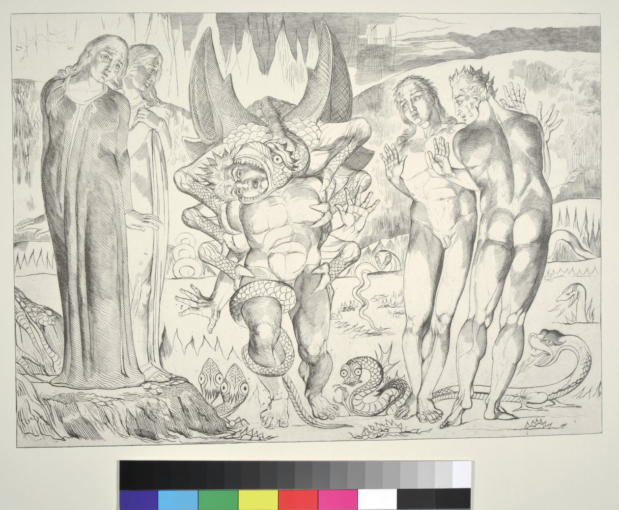 The Circle of the Thieves: Agnolo Brunelleschi angrepet av en seksfots slange, Inferno, Canto XXV, illustrasjon til 
