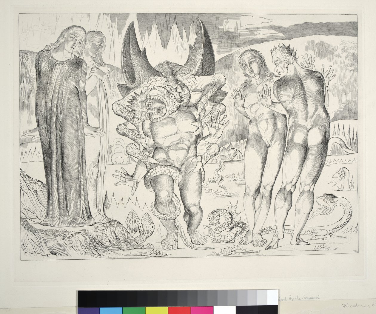 The Circle of the Thieves: Agnolo Brunelleschi angrepet av en seksfots slange, Inferno, Canto XXV, illustrasjon til 