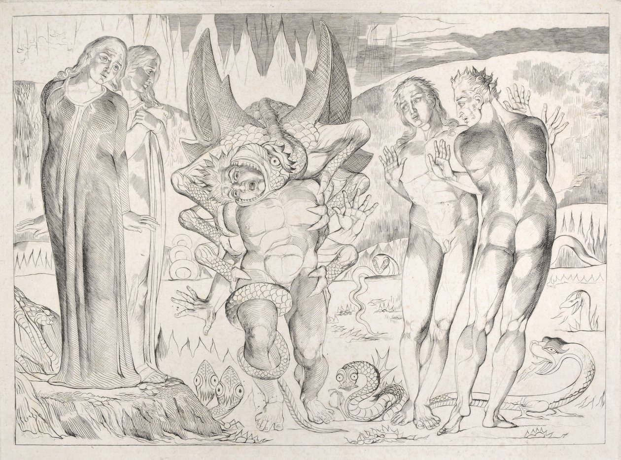The Circle of the Thieves: Agnolo Brunelleschi angrepet av et seksfots slange-inferno, Canto XXV, illustrasjon til 