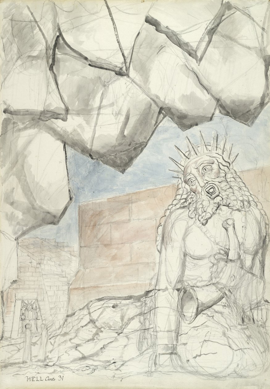 The Complaint of the Giant Nimrod, illustrasjon til den guddommelige komedie av Dante Alighieri, 1824-27 (penn og blekk med wc over blyant og kritt på papir) av William Blake