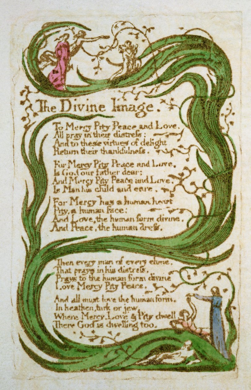 The Divine Image, fra Songs of Innocence, 1789 (farget etsning) av William Blake
