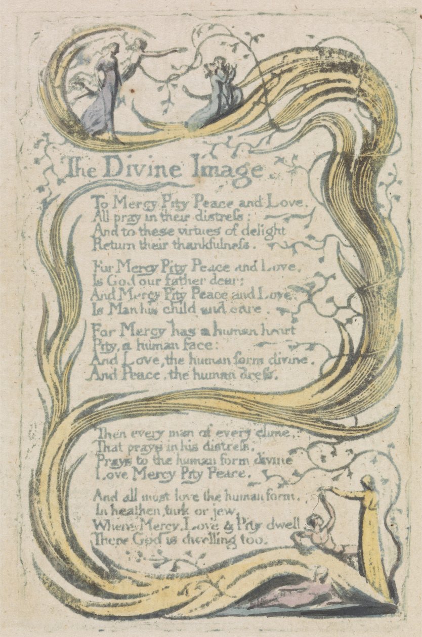The Divine Image, plate 23 fra The Songs of Innocence, 1789 (håndfarget relieff etsing med akvarell) av William Blake