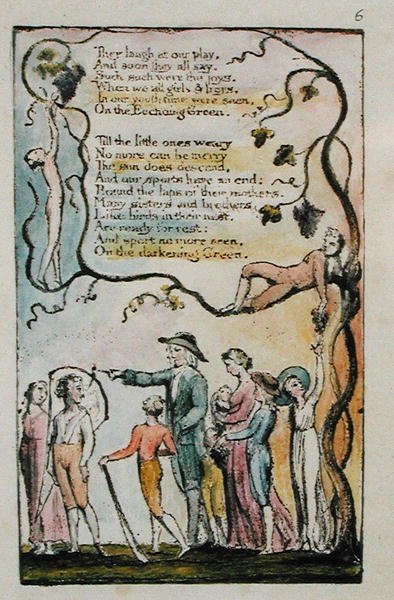 The Echoing Green, plate 2 (Bentley 7) fra Songs of Innocence and of Experience, ca. 1789-94 (relieff-etsing med penn og blekk og wc) av William Blake