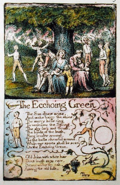 The Echoing Green, plate 5 (Bentley 6) fra Songs of Innocence and of Experience (Bentley Copy L) 1789-94 (hevet etsning med penn og wc) av William Blake