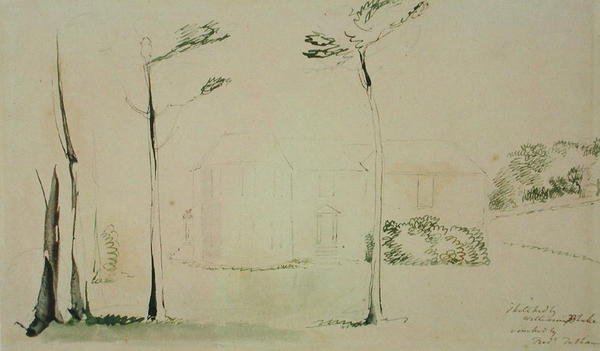 Inngangsfronten til Hayleys House i Eartham, 1801 (penn og blekk og wc over grafitt på papir) av William Blake