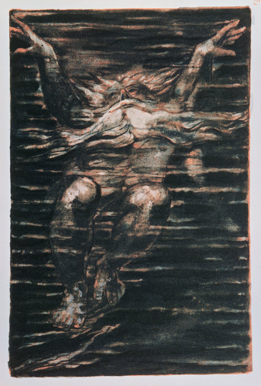 Den første boken til Urizen; Skjeggete mann svømmer gjennom vann, 1794 (fargetrykt relieff-etsning) av William Blake