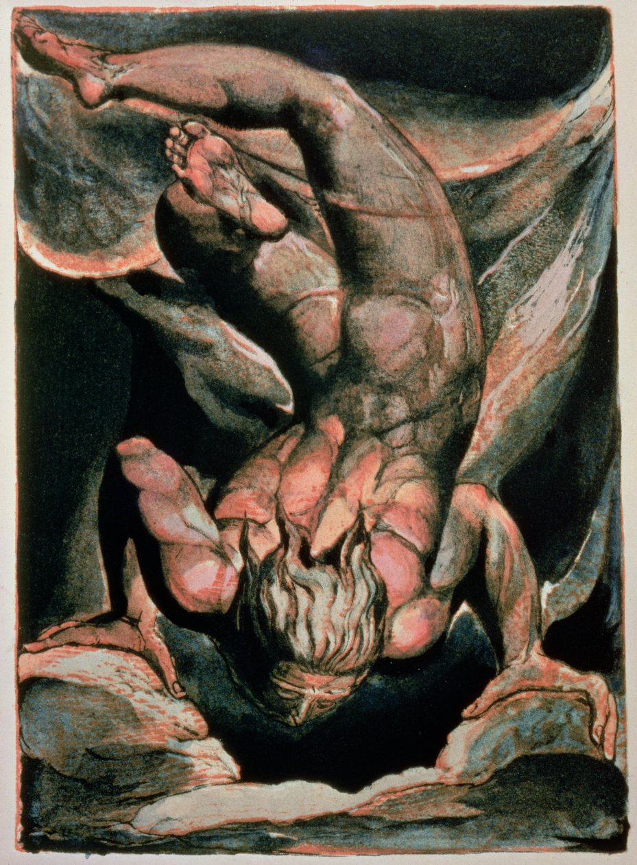 Den første boken til Urizen; Mann som flyter opp ned, 1794 (fargetrykt relieff-etsning) av William Blake