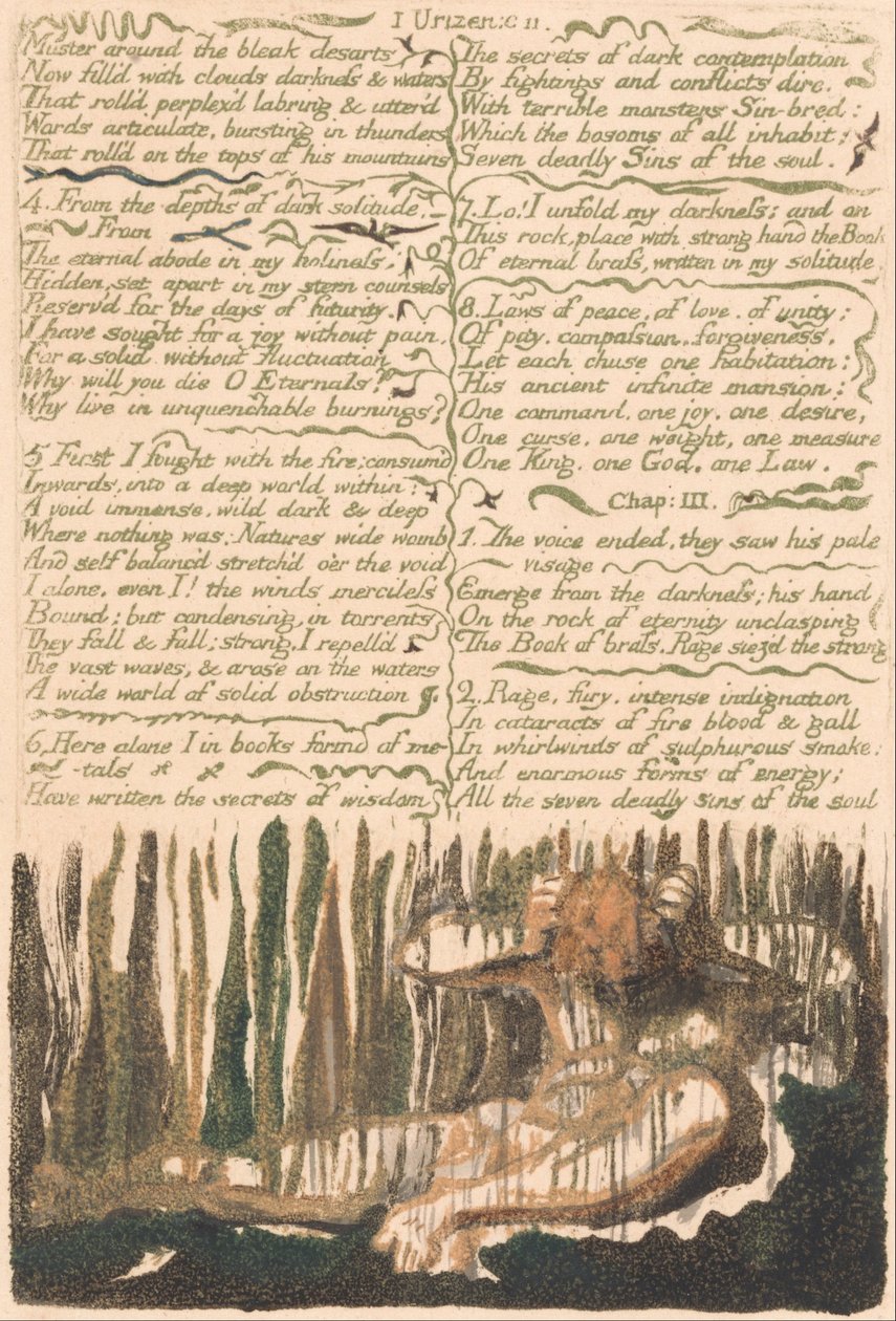 Den første boken til Urizen, plate 4, mønstre rundt de dystre desarts. . . . (Bentley 4) av William Blake