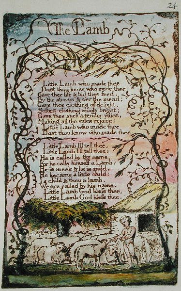 Lammet, illustrasjon fra Songs of Innocence and of Experience, (Bentley Copy L) pl.24 (Bentley 8) 1789-94 (relieff-etsing med penn og wc på papir) av William Blake