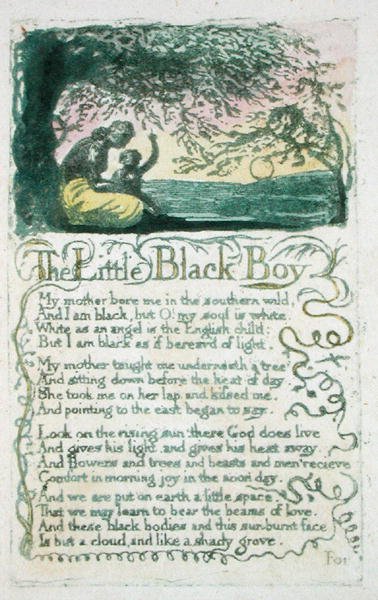 The Little Black Boy, plate 5 fra Songs of Innocence, 1789 (håndfarget relieff etsing med wc på papir) av William Blake