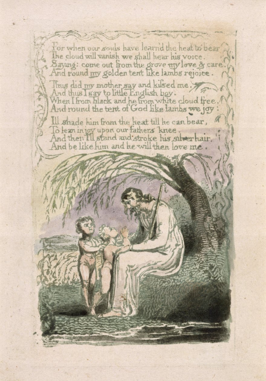 'The Little Black Boy', plate 6 fra 'Songs of Innocence', 1789 (håndfarget relieff etsing med wc på papir) av William Blake