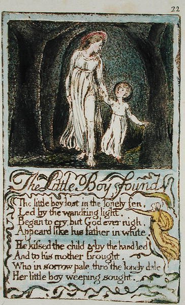 The Little Boy Found, illustrasjon fra Songs of Innocence and of Experience (Bentley Copy L) pl.22 (Bentley 14) 1789-94 (relieff etsing med penn og wc på papir) av William Blake