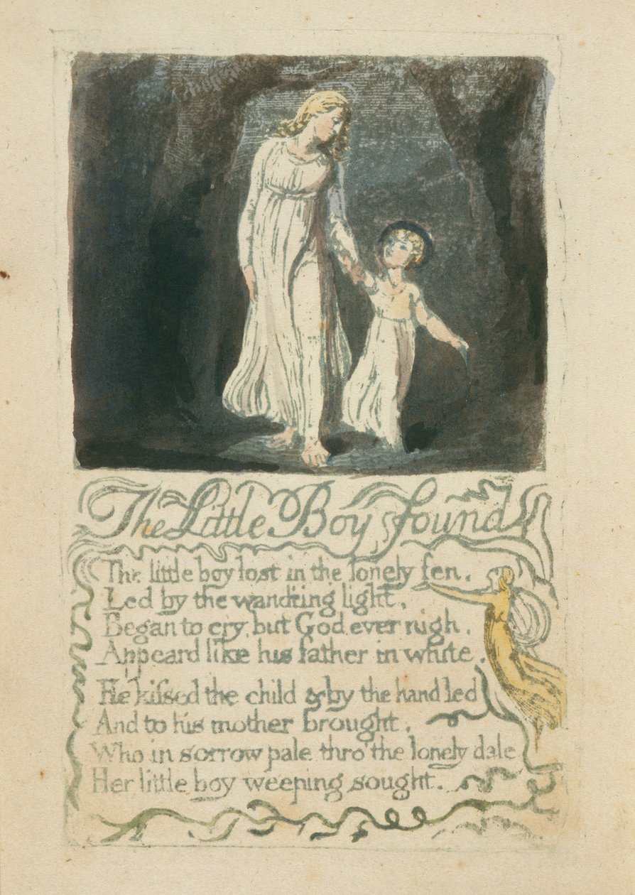 The Little Boy Found, plate 16 fra Songs of Innocence, 1789 (håndfarget relieff etsing med akvarell) av William Blake