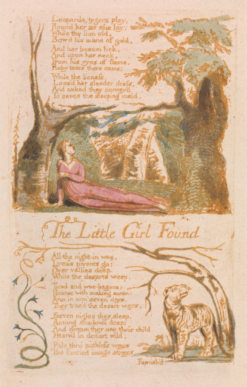 The Little Girl Found, plate 6 fra Songs of Innocence, 1789 (relieff etsing med wc på papir) av William Blake