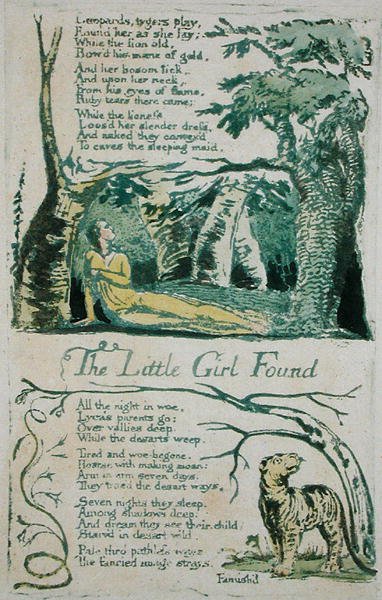 The Little Girl Lost and Leopards, tygers play..., and The Little Girl Found plate 20 fra Songs of Innocence, 1789 (håndfarget relieff etsing med akvarell) av William Blake