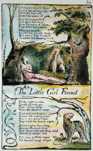 The Little Girl Lost and The Little Girl Found, plate 34 (Bentley 35) fra Songs of Innocence and of Experience (Bentley Copy L) 1789-94 (reliefradering med penn og wc) av William Blake