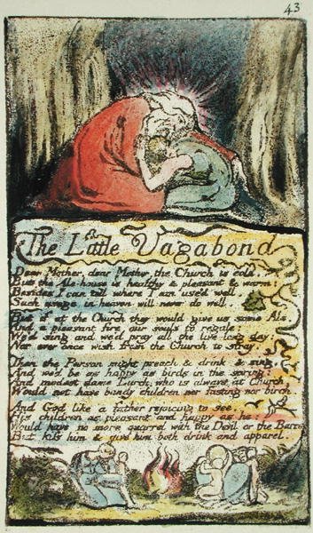 The Little Vagabond, plate 43 (Bentley 45) fra Songs of Innocence and of Experience (Bentley Copy L) 1789-94 (relieff-etsing med penn og wc) av William Blake