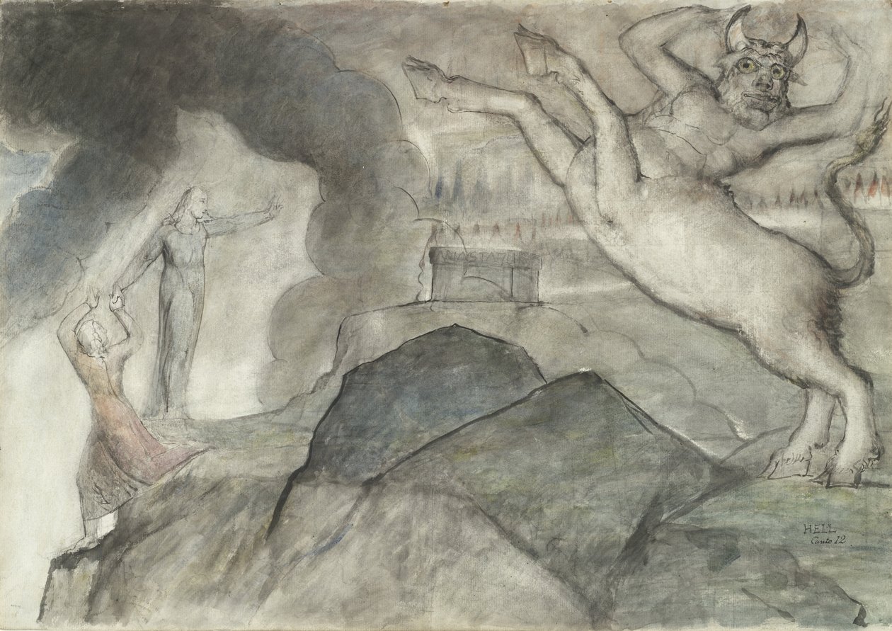 Minotauren, illustrasjon til den guddommelige komedie av Dante Alighieri, 1824-27 (penn og blekk med wc over blyant og kritt på papir) av William Blake