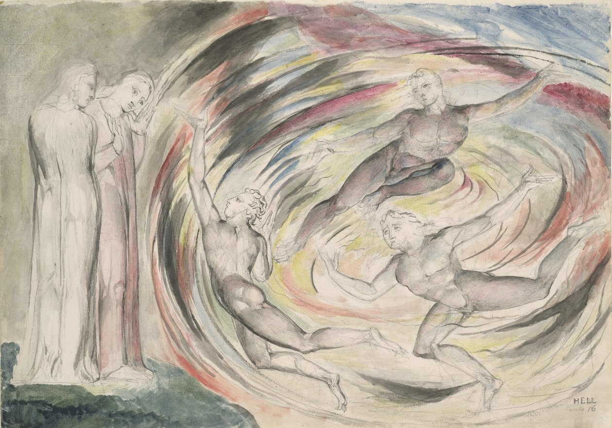 The Punishment of Rusticucci and his Companions, illustrasjon til den guddommelige komedie av Dante Alighieri, 1824-27 (penn og blekk med wc over blyant og kritt på papir) av William Blake