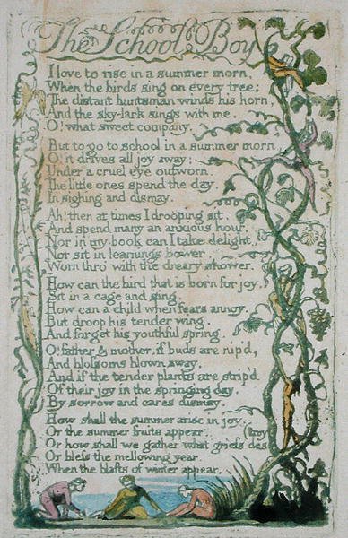 The School Boy, plate 12 fra Songs of Innocence, 1789 (håndfarget relieff etsing med akvarell) av William Blake