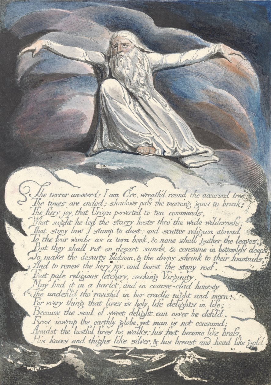 Terroren svarte..., plate 10 fra Amerika: A Prophecy, 1793 (relieff-etsing trykt i svart med penn og blekk og wc) av William Blake