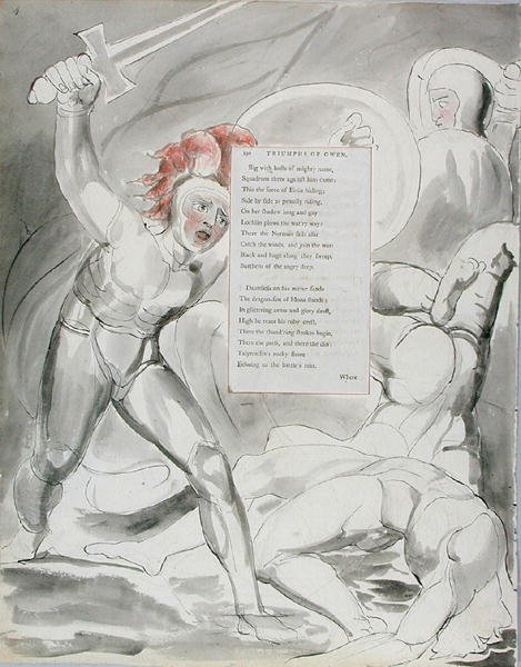 The Triumphs of Owen, design 90 fra The Poems of Thomas Gray, 1797-98 (wc med penn og blekk på papir) av William Blake